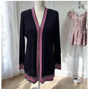 Misook Navy Preppy Chic Rib Knit Open Front Lightweight  Long Cardigan Sweater S